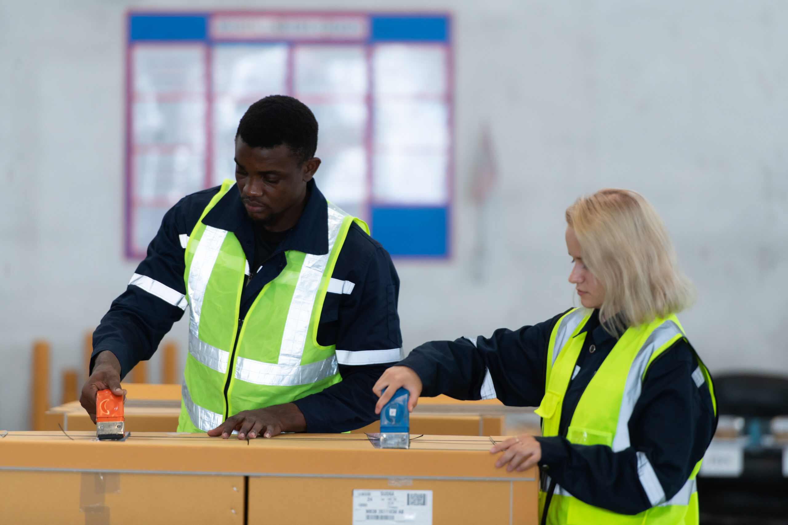 Group of worker in auto parts warehouse Packing small parts in b